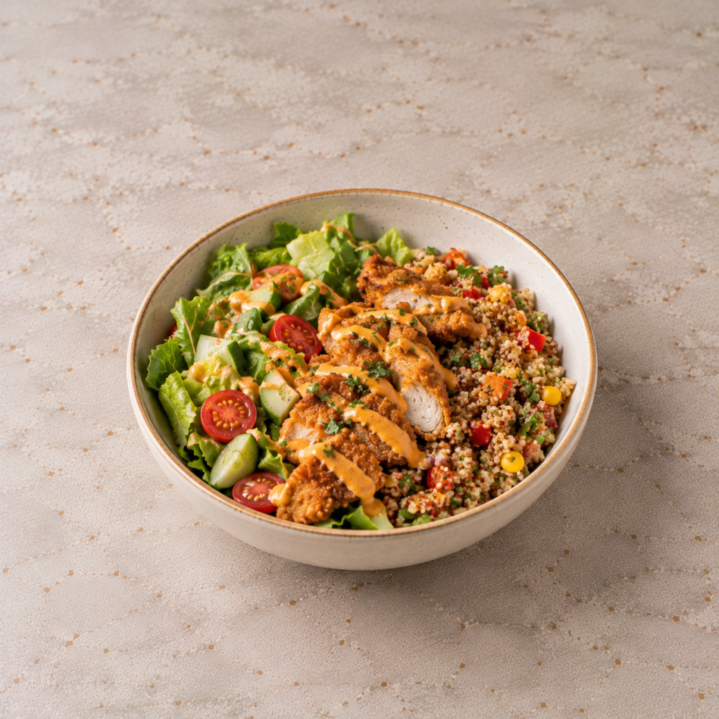 crispy chicken quinoa bowl